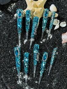 10 件纯手工按压式指甲套装，77 毫米长尖头 XXXXL 蓝色水钻性感高端奢华合金骷髅兔子，附赠 1 块果冻胶和迷你摩擦条作为礼物。适用于各种场合，如节日、聚会、约会、旅行等。DIY 指甲产品，适合女性和女孩 - 彩色 - 查看 2