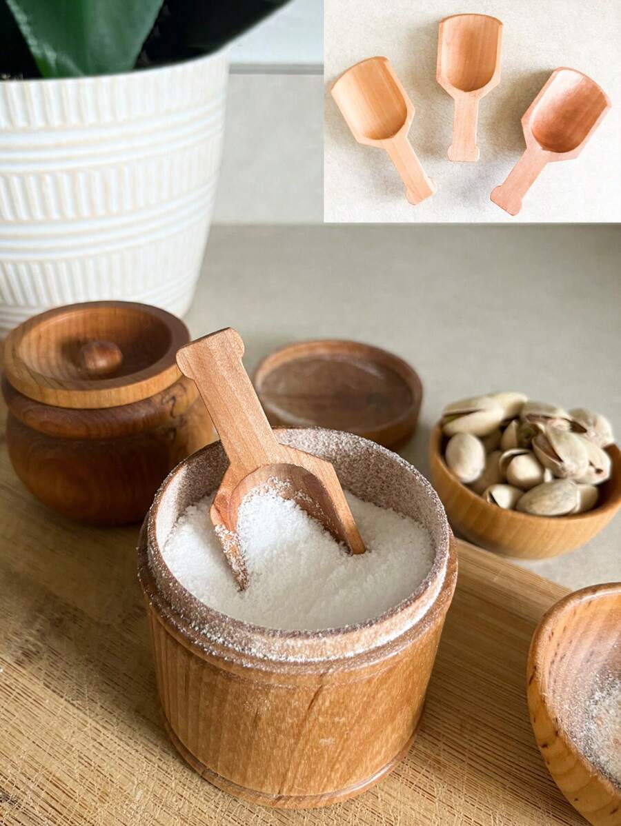 4pcs Wooden Round Handle Scoop Teaspoon Mini Small Salt Shovel Milk Powder Coffee Spoon Condiment Spoons Teaware Accessories - Apricot - View 1