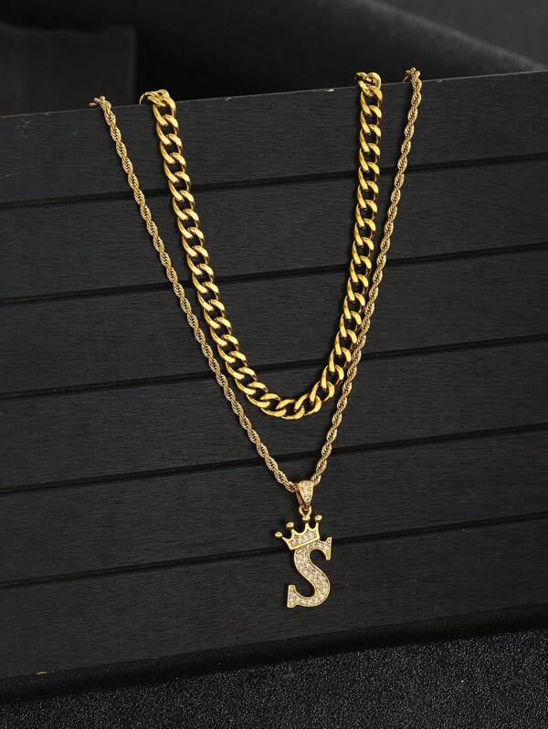 2pcs/Set Kids Light Luxury Crown Initial Letter Charm Twisted Rope Chain & Chain Multi-Layer Necklace For Boys Girls Street Party Jewelry Gift For Birthday Gift
