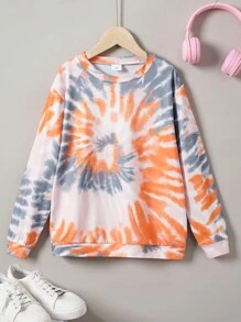 Áo nỉ dài tay nhuộm màu tie-dye dáng rộng cho bé gái tuổi teen, thích hợp mùa thu/đông. - trái cam - Xem 1