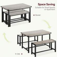 Dining Table Set For 4, Kitchen Table With 2 Upholstered Benches, 3 Piece Dining Room Table Set, Rectangular Space Saving Kitchen Table Set For Apartment, Studio, Home, Marble White, Rustic Black, Rustic Brown, Rustic Gray - 質樸灰 - 查看 3