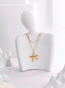 1 bộ mặt dây chuyền sao biển 3D cỡ lớn theo chủ đề đại dương, vòng cổ nhiều lớp hình vỏ sò và vòng tay xương vỏ sò, bộ trang sức bằng thép không gỉ, phong cách ngày lễ/khu nghỉ dưỡng - Vàng - Xem 5