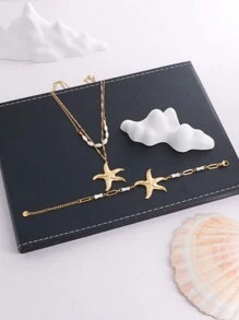 1 bộ mặt dây chuyền sao biển 3D cỡ lớn theo chủ đề đại dương, vòng cổ nhiều lớp hình vỏ sò và vòng tay xương vỏ sò, bộ trang sức bằng thép không gỉ, phong cách ngày lễ/khu nghỉ dưỡng - Vàng - Xem 3