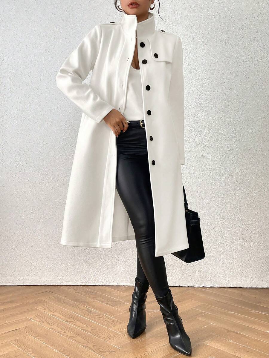 Single-Breasted Casual Stand Collar Woolen Coat - White - View 1