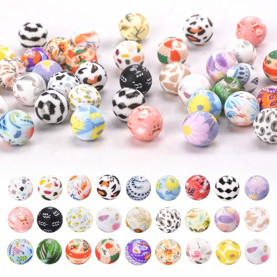 20 件 15 毫米印花硅胶珠 5 种图案混合套装、印花花卉设计、DIY 珠宝、项链、手链、钥匙扣、串珠笔散装工艺珠 - 多功能手工配件 - 15mm印刷矽膠珠子 - 查看 1