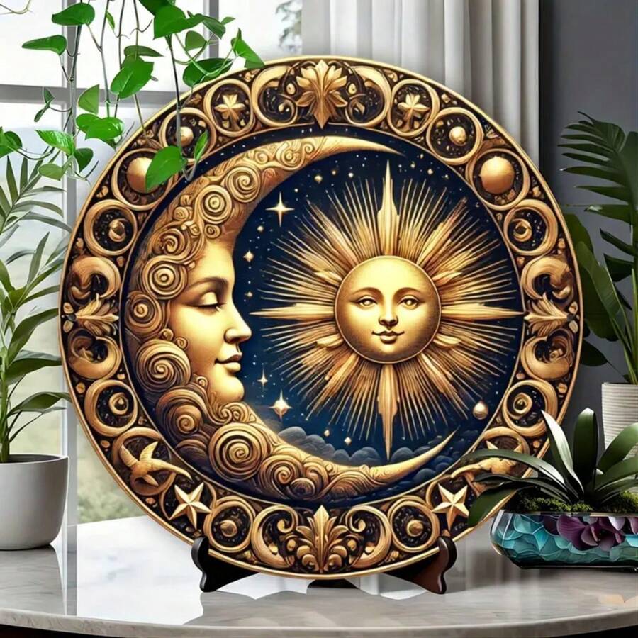 1 件太阳和月亮金属印刷艺术圆形墙面装饰标志，20x20cm 铁板 - 适用于家庭、厨房、节日活动、花园、车库、办公室装饰，带有随机孔位置样式 - 彩色 - 查看 1