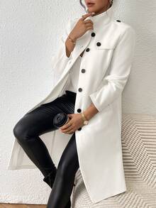 Single-Breasted Casual Stand Collar Woolen Coat - White - View 6