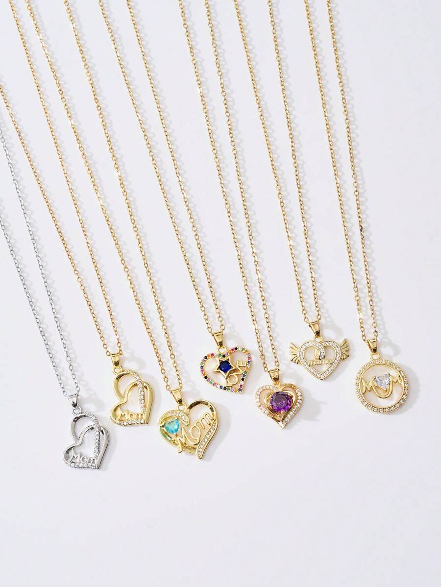 1/5 件套时尚金属铜镀金锆石钻石心形吊坠项链，母亲节和情侣礼物，珠宝制作，适合与朋友日常佩戴 - 彩色 - 查看 1