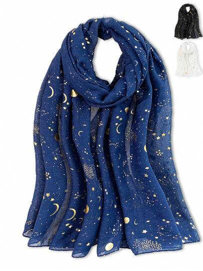 1 pieza Elegante accesorio de playa para mujer, pañuelo con estampado de estrellas y lunas doradas, puede usarse como hiyab, pañuelo, toalla de playa, para uso diario, decoración de festivales, otoño e invierno