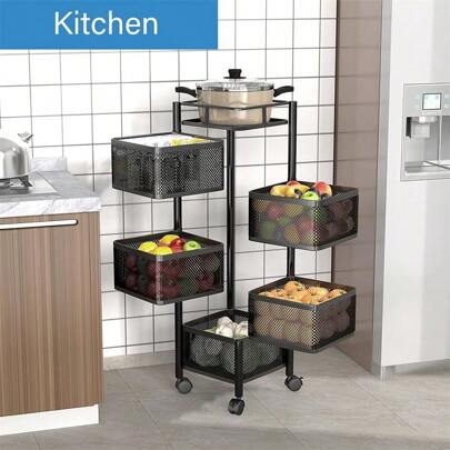 Rotating Multi-Functional Kitchen Organizer Rack, Floor-Standing Multi-Tier Home Use Snack/Fruit/Vegetable Storage Basket Kitchen Items Kitchen Accessories Kitchen Tools