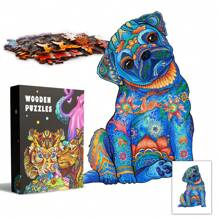 可爱的哈巴狗木制拼图，精致的纸盒包装，不对称形状的木质拼图玩具，独特的儿童教育礼物，装饰艺术，节日礼物，圣诞礼物 - 彩色 - 查看 11