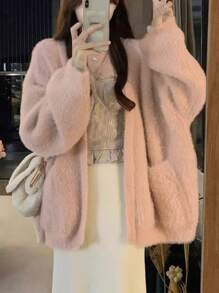 Oversize Teddy Knitted Cardigan Women, Thick Soft Fuzzy Loose Pink Sweater, Autumn & Winter