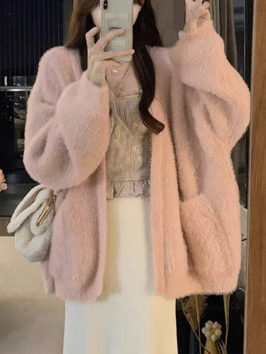 Oversize Teddy Knitted Cardigan Women, Thick Soft Fuzzy Loose Pink Sweater, Autumn & Winter