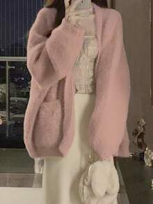 Oversize Teddy Knitted Cardigan Women, Thick Soft Fuzzy Loose Pink Sweater, Autumn & Winter