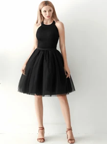1 bucată fustă tutu de 60 cm, cu talie elastică, neagră, 4 straturi, minifustă umflată din plasă plisată pentru adulți