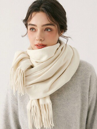 1 件女式白色仿羊毛柔软仿羊绒纯色流苏围巾，优雅披肩和披肩适合婚礼、礼物、晚礼服、旅行、办公室穿着