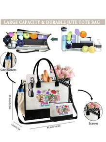 黑白帆布、带化妆包的手提包、教师花朵和蜜蜂图案、可重复使用的杂货店购物手提包和化妆包、带肩带的手提包和化妆包、带侧袋的个性化礼品袋、最佳教师圣诞节、感恩节礼物、最佳教师圣诞节礼物 - 黑與白 - 查看 2