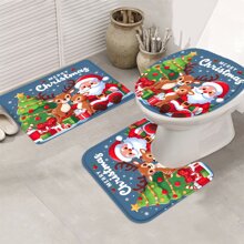 [圣诞系列] 1/4 件 180*180 厘米/70*70 英寸浴帘套装圣诞树、圣诞老人、圣诞袜印花浴帘套装、防水浴帘浴室隔断套装带 12 个挂钩、浴室地毯、厕所 U 型垫、马桶座垫、浴室隔断、圣诞装饰品，用于圣诞节浴室装饰，也可用于日常使用聚酯纤维材料秋季装饰浴室配件返校 - 彩色 - 查看 4