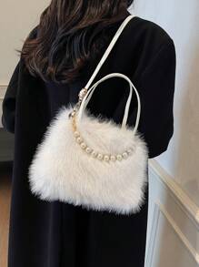 White Plush Women Handbag, Fashion Faux Pearl Hand Bag, Fuzzy Furry Shoulder Bag, Versatile For Dating, Commuting, Elegant Faux Pearl Bag, New Arrival Fur Bag For Women , New Year - White - View 6