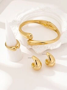 3 pièces/set Ensemble de bijoux mode minimaliste en métal, avec bracelet, bague et boucles d'oreilles clous à forme géométrique lisse en larme