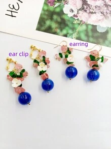 1 对彩色水晶花装饰玻璃夹式耳环，无穿孔，适合女性日常佩戴 - 藍色 - 查看 12