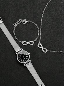 3 件套女士时尚简约罗马刻度石英腕表 + 8 形珠宝套装