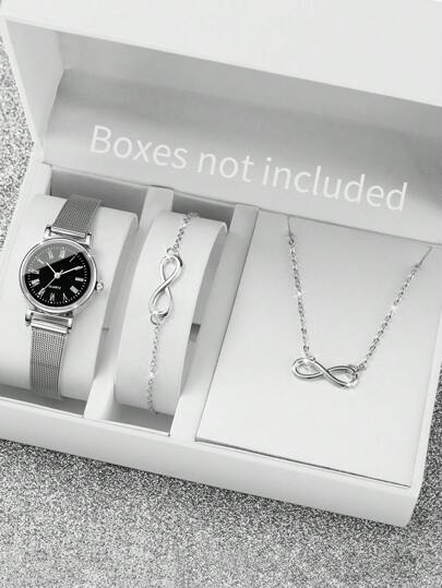 3 件套女士时尚简约罗马刻度石英腕表 + 8 形珠宝套装