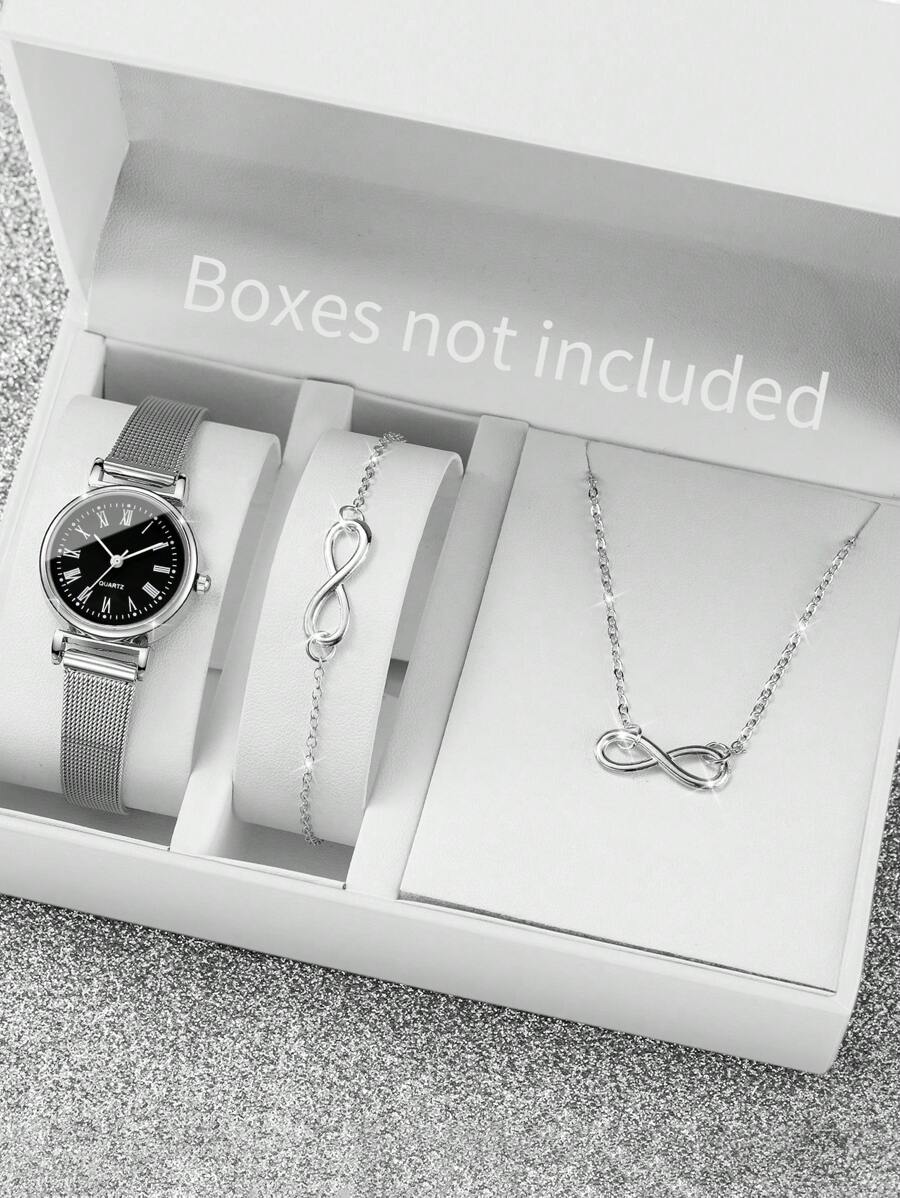 3 件套女士时尚简约罗马刻度石英腕表 + 8 形珠宝套装