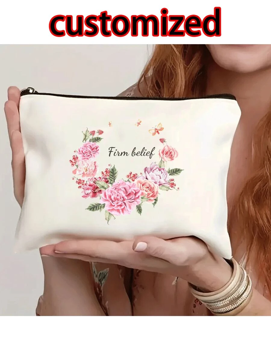 Floral, Bowknot, Love, New Autumn Collection, Christmas Gift, Holiday Essential, Halloween, Christmas, Clutch, Coin Purse, Toiletry Bag, Makeup Bag, DIY, Gift For Girlfriend, Valentine's Day, Gift For Mom, Mother's Day, Travel, Bag, Women's Handbag, Travel Essential, Tote Bag, Customized Name - Beige - View 1