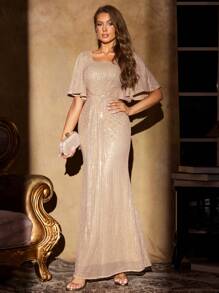 UNITHORSE Square Neck Ruffle Waist Long Sequin Evening Dress, Elegant Formal Gown Suitable For Wedding Guests, Graduation Ceremony, Gala Dinner, Birthday And Other Occasions Spring - Champagne - View 5