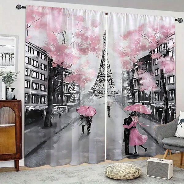 2 peças Paris Rosa Pintura a Óleo Torre Eiffel Impressão Cortina, Haste Bolso Tratamento de Janela Para Quarto Escritório Cozinha Sala de Estar Estudo Decoração de Casa