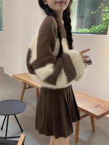 Women Casual Raglan Stripe Loose Colorblock Knit Sweater,Long Sleeve Tops - Coffee Brown - View 2