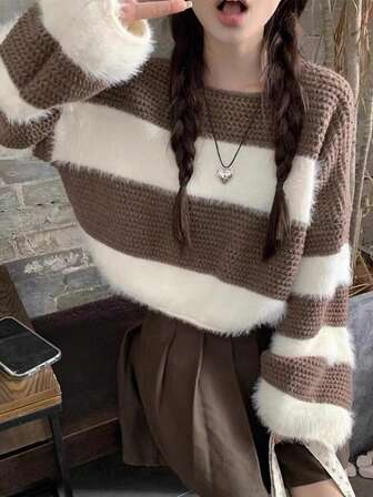 女士休闲插肩条纹宽松拼色针织毛衣、长袖上衣