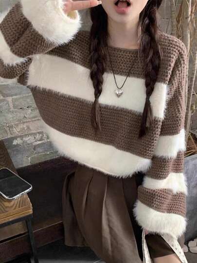 Women Casual Raglan Stripe Loose Colorblock Knit Sweater,Long Sleeve Tops