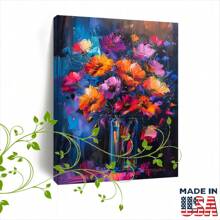 1pc Wooden Framed Canvas Painting Vase Of Flowers Vibrant Colors, Abstract Style, Dark BackgroundHalloween Christmas Home Decorating Gifts - Other - View 3