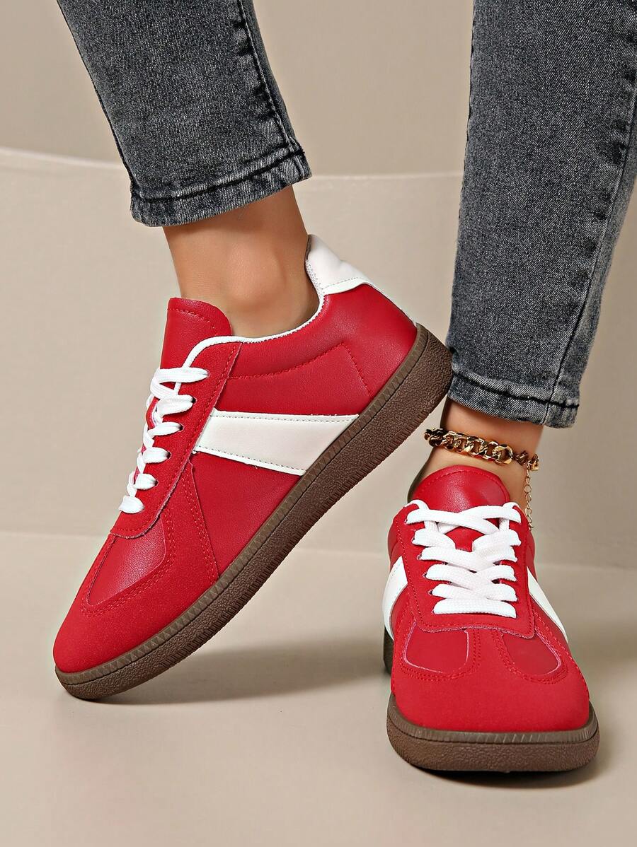 女士时尚滑板红色运动鞋 - 透气舒适，拼色设计，厚底经久耐用 - 紅色 - 查看 1