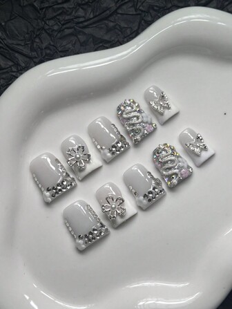 10Pcs/Pack Y2K Stiletto Nail Tips, Handmade, Nude Color With White French Design Includes Snowflake, Butterfly, Snake, Floral Rhinestone Elements, Suitable For Women And Girls, Party, Ball, Daily Wear. (Accessories Color Randomly Assorted) Press On Nails Nail Supplies Nails