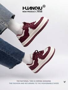 HUANQIU 2026 New Style Women's Shoes, Women's Sneakers, Thick-Soled Casual Shoes, White Sneakers, Versatile, Lightweight, Comfortable, Lace-Up, Soft-Soled Casual Shoes, Running Shoes, White And Red, All-Season Shoes - Burgundy - View 6
