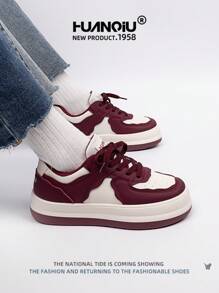 HUANQIU 2026 New Style Women's Shoes, Women's Sneakers, Thick-Soled Casual Shoes, White Sneakers, Versatile, Lightweight, Comfortable, Lace-Up, Soft-Soled Casual Shoes, Running Shoes, White And Red, All-Season Shoes - Burgundy - View 4
