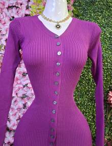 Vestido largo tela tejido premium con botones - Púrpura malva - Ver 4