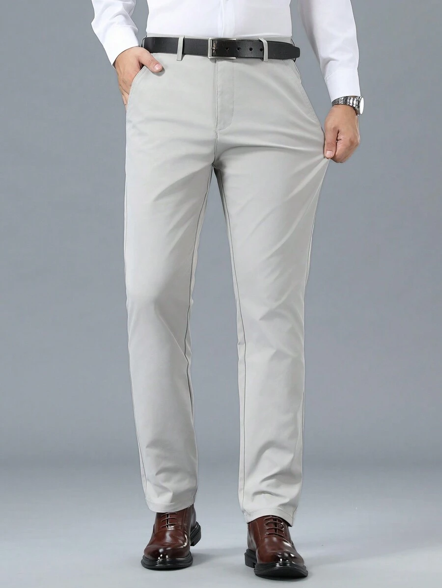 Men's Slim Fit Solid Color Casual Dress Pants, High-End Business Formal Trousers, No Belt - Light Grey - View 1