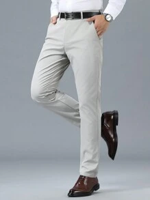 Men's Slim Fit Solid Color Casual Dress Pants, High-End Business Formal Trousers, No Belt - Light Grey - View 2