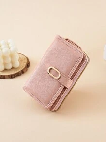 Fashionable Gold-Tone Buckle Fold Short Simple Elegant Litchi Leather Zip Wallet Wallet For Cards Card Holder Pink Bag Thanksgiving For Women Wallet Purse Wallet