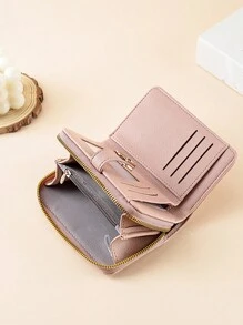 Fashionable Gold-Tone Buckle Fold Short Simple Elegant Litchi Leather Zip Wallet Wallet For Cards Card Holder Pink Bag Thanksgiving For Women Wallet Purse Wallet