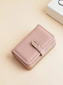Fashionable Gold-Tone Buckle Fold Short Simple Elegant Litchi Leather Zip Wallet Wallet For Cards Card Holder Pink Bag Thanksgiving For Women Wallet Purse Wallet