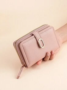 Fashionable Gold-Tone Buckle Fold Short Simple Elegant Litchi Leather Zip Wallet Wallet For Cards Card Holder Pink Bag Thanksgiving For Women Wallet Purse Wallet