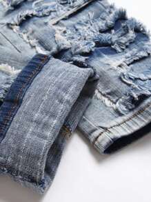 Herren blaue zerrissene Patchwork Fransen Punk Stretch Jeans - Mittele Waschung - Übersicht 4