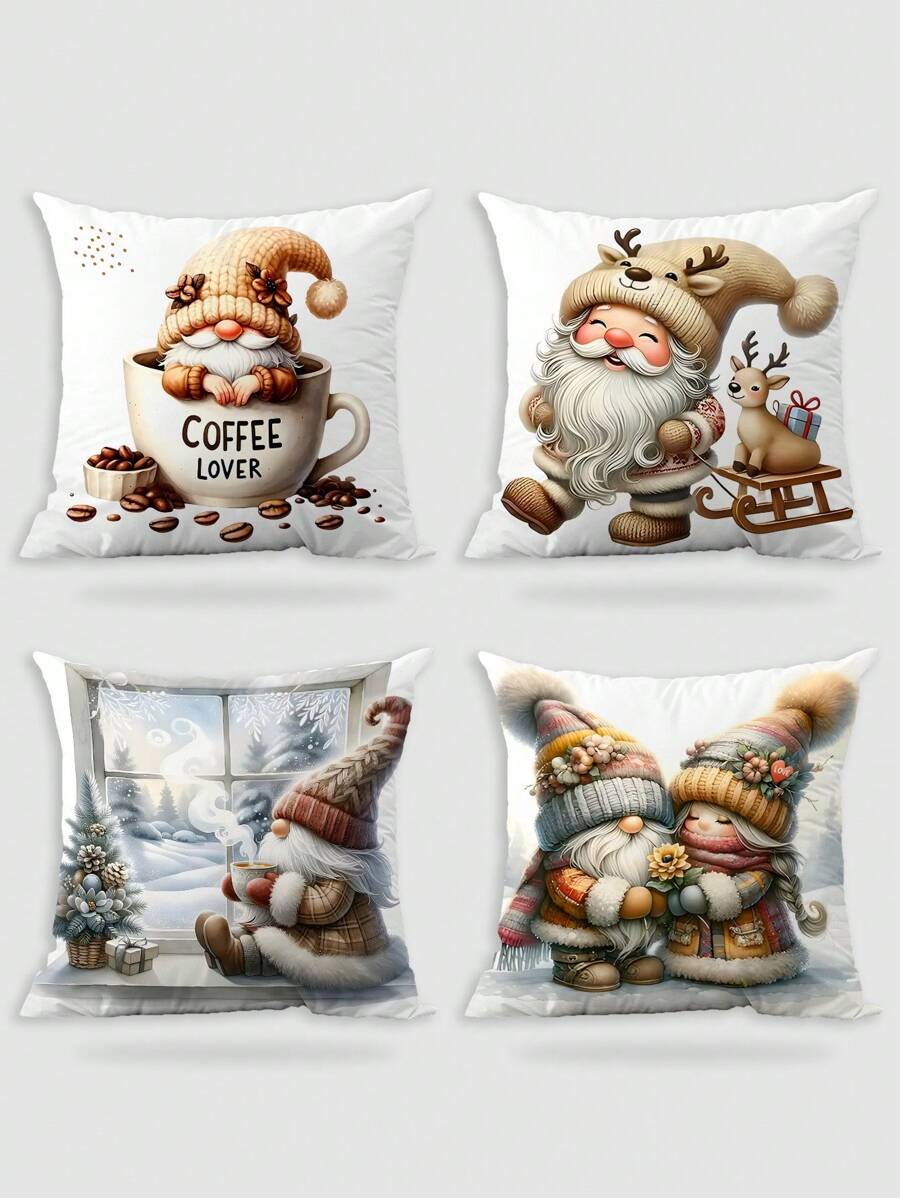 4 Pcs/1 Pc Dwarfs Love To Drink Coffee And Celebrate Christmas Happily. The Printed Super Soft Short Plush Pillowcase Is Suitable For Any Room, Sofa, Bedroom, Living Room, Home Decoration, Backrest Cover - Multicolor - View 1