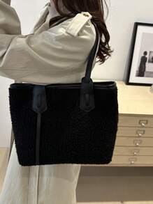 毛绒绒毛绒简约大容量拼色手提包，适合购物、学生、大学、度假、极简主义 - 黑色 - 查看 5