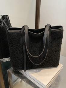 毛绒绒毛绒简约大容量拼色手提包，适合购物、学生、大学、度假、极简主义 - 黑色 - 查看 11